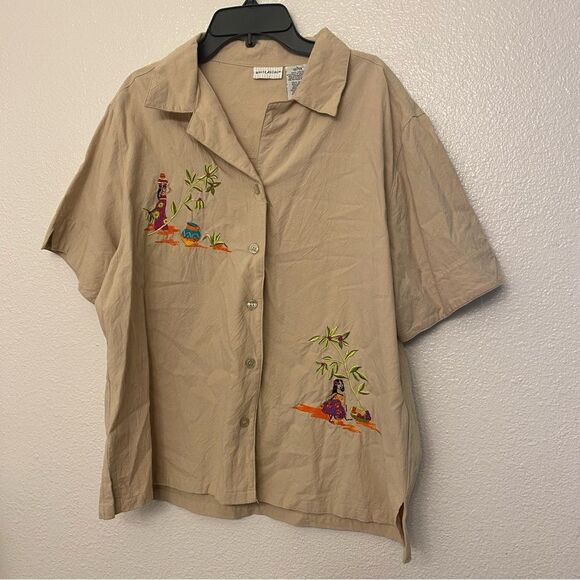 White Stag vintage khaki tan short sleeve button up embroidered tropical top L - Picture 2 of 7